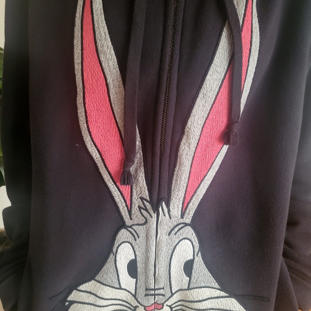 Gucci Black Bugs Bunny Zip-Up Sweater with Pink-Accent Bunny Appliqué